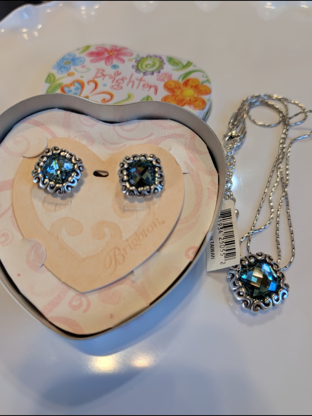 Brighton Silver-Tone Blue Crystal Necklace and Stud Earrings Set